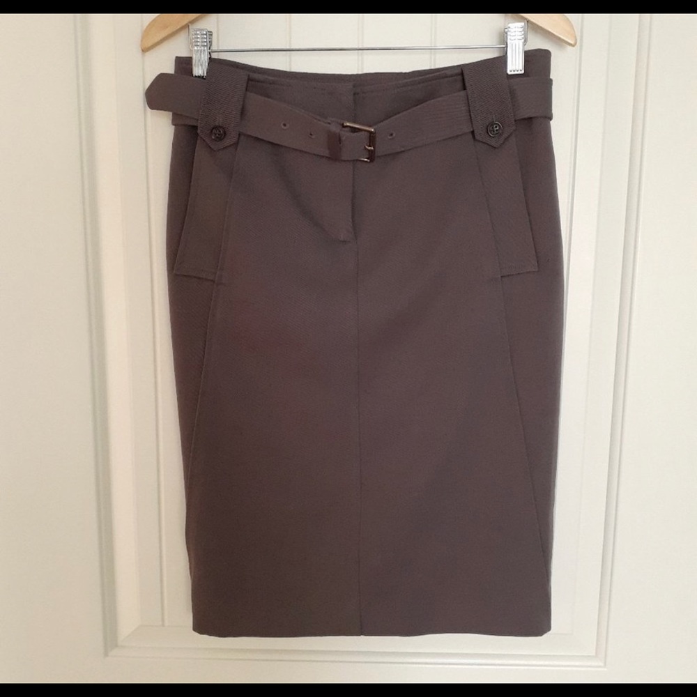 Ferragamo Wool Blend Pencil Skirt with Self-Belt & Pockets Brown Size 42…